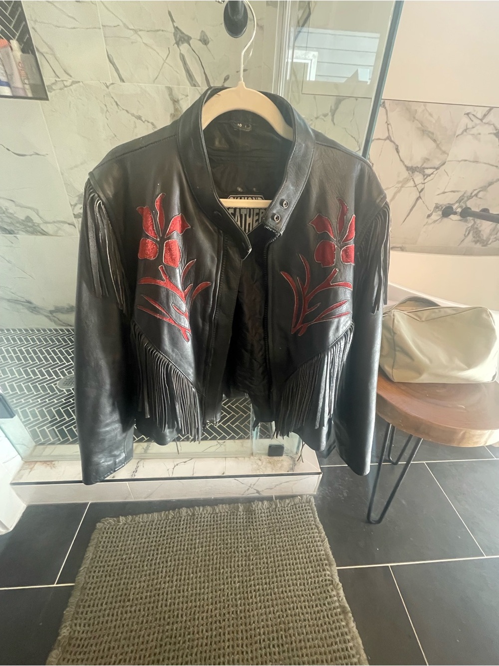 Women’s Black Leather Fringe Jacket with Red Floral Appliqué